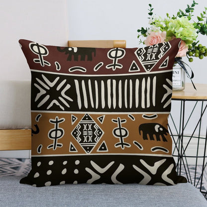 African Mud Cloth with Elephants Linen Throw Pillow Cover