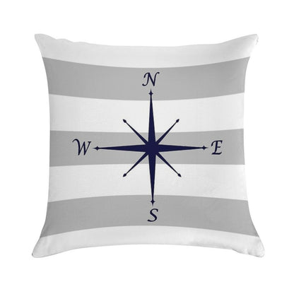 Nautical Navy Blue Compass On Silver Gray And White Stripes Soft Washable Throw Pillow