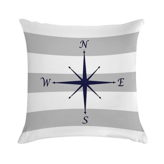 Nautical Navy Blue Compass On Silver Gray And White Stripes Soft Washable Throw Pillow