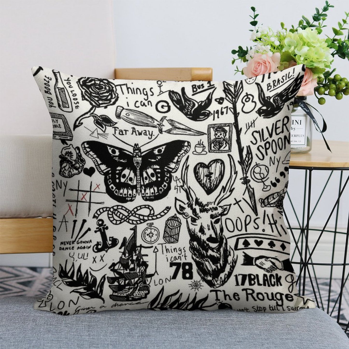 Tattoos Collage Linen Throw Pillow Cover