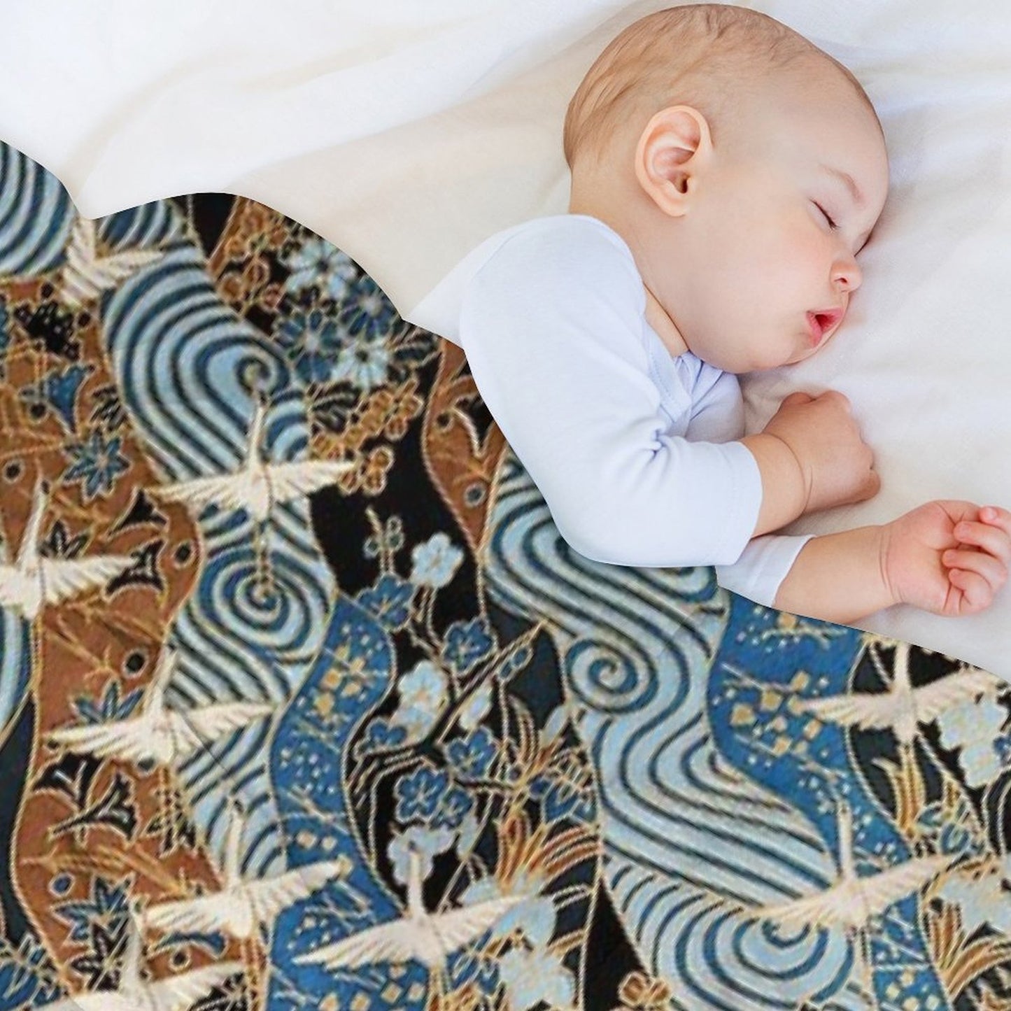 FLYING WHITE CRANES ON BLUE WATER AND SPRING FLOWERS  Antique Japanese Floral Throw Blanket