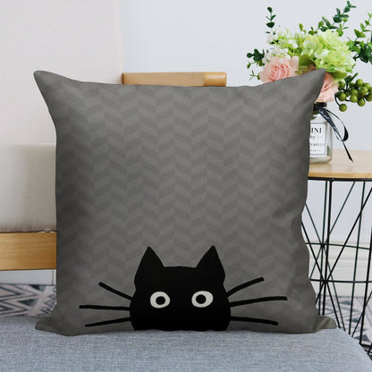 Black Cat Face Linen Throw Pillow Cover