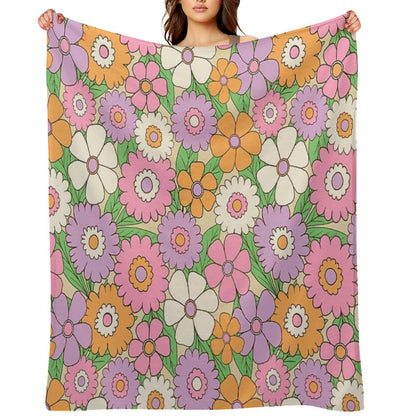 Groovy Retro Flower Power Pattern in Lilac, Pink And Orange Throw Blanket