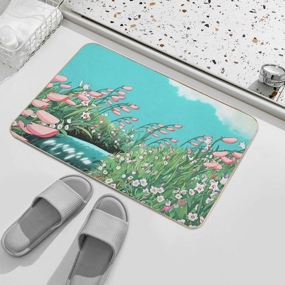 Anime Flowers in The River Scenery Bath Mat