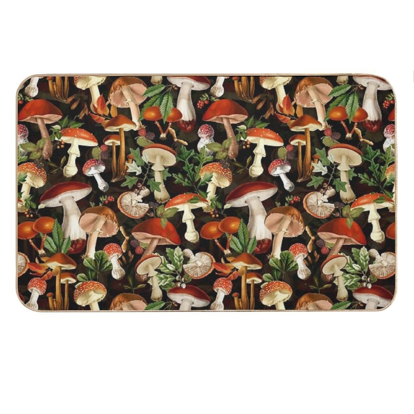 Vintage Red Mushrooms Forest Botanical Night Garden Pattern - Black  NightGarden Bath Mat