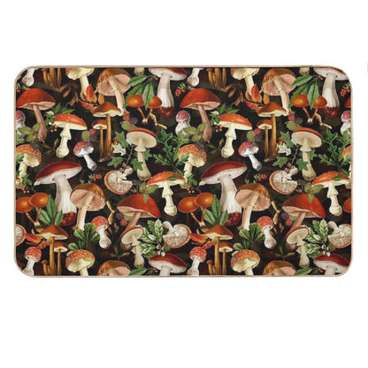 Vintage Red Mushrooms Forest Botanical Night Garden Pattern - Black  NightGarden Bath Mat