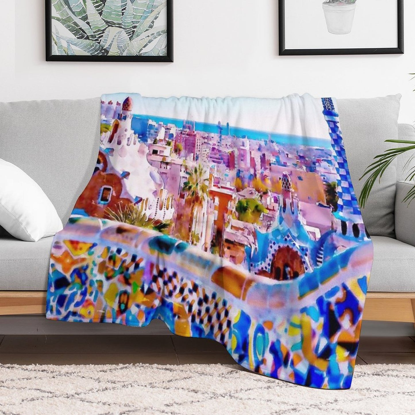 Barcelona's Park Guell in Watercolor Throw Blanket