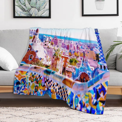 Barcelona's Park Guell in Watercolor Throw Blanket