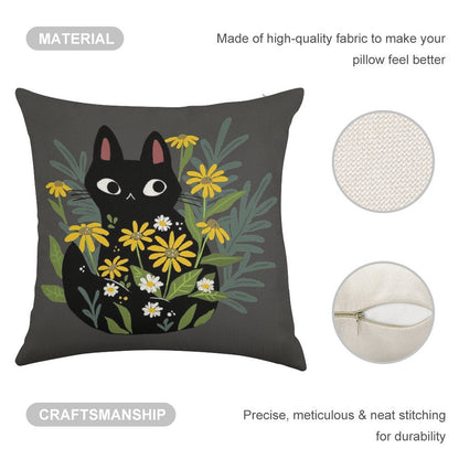 Black Cat with Flowers Linen Throw Pillow Cover