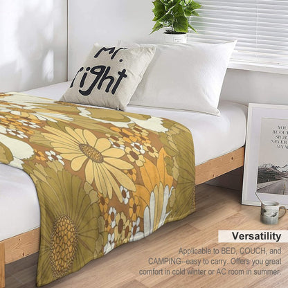 Brown, Orange, Ivory & Green Vintage Flower Pattern Throw Blanket