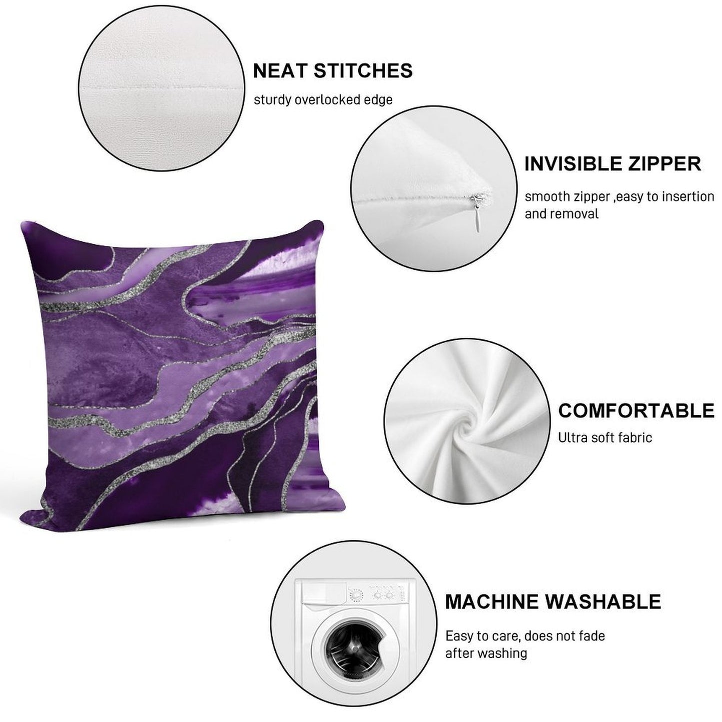 Purple Marble Agate Silver Glam #1 (Photo of Glitter Only - Not Reflective) Soft Shrink-Resistant Throw Pillow