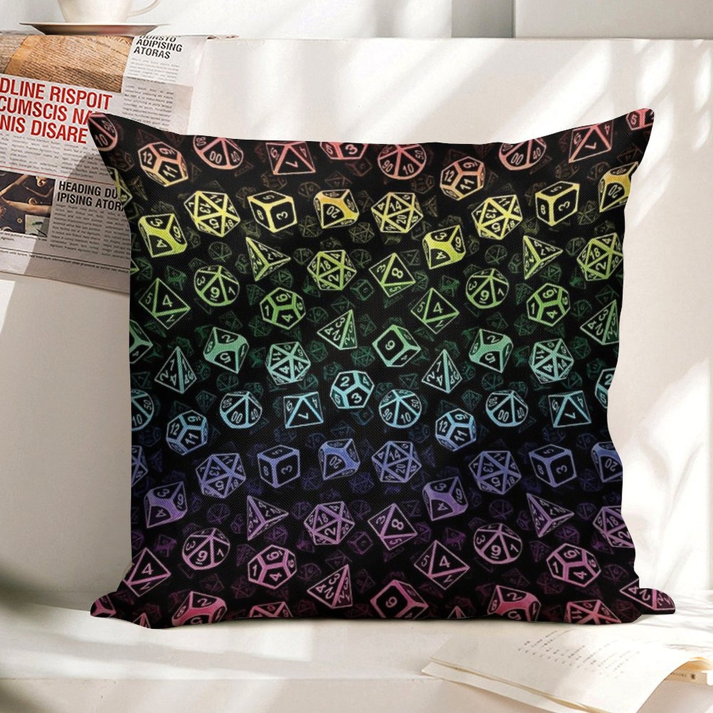 D20 Dice Set Pattern (Rainbow) Linen Throw Pillow Cover