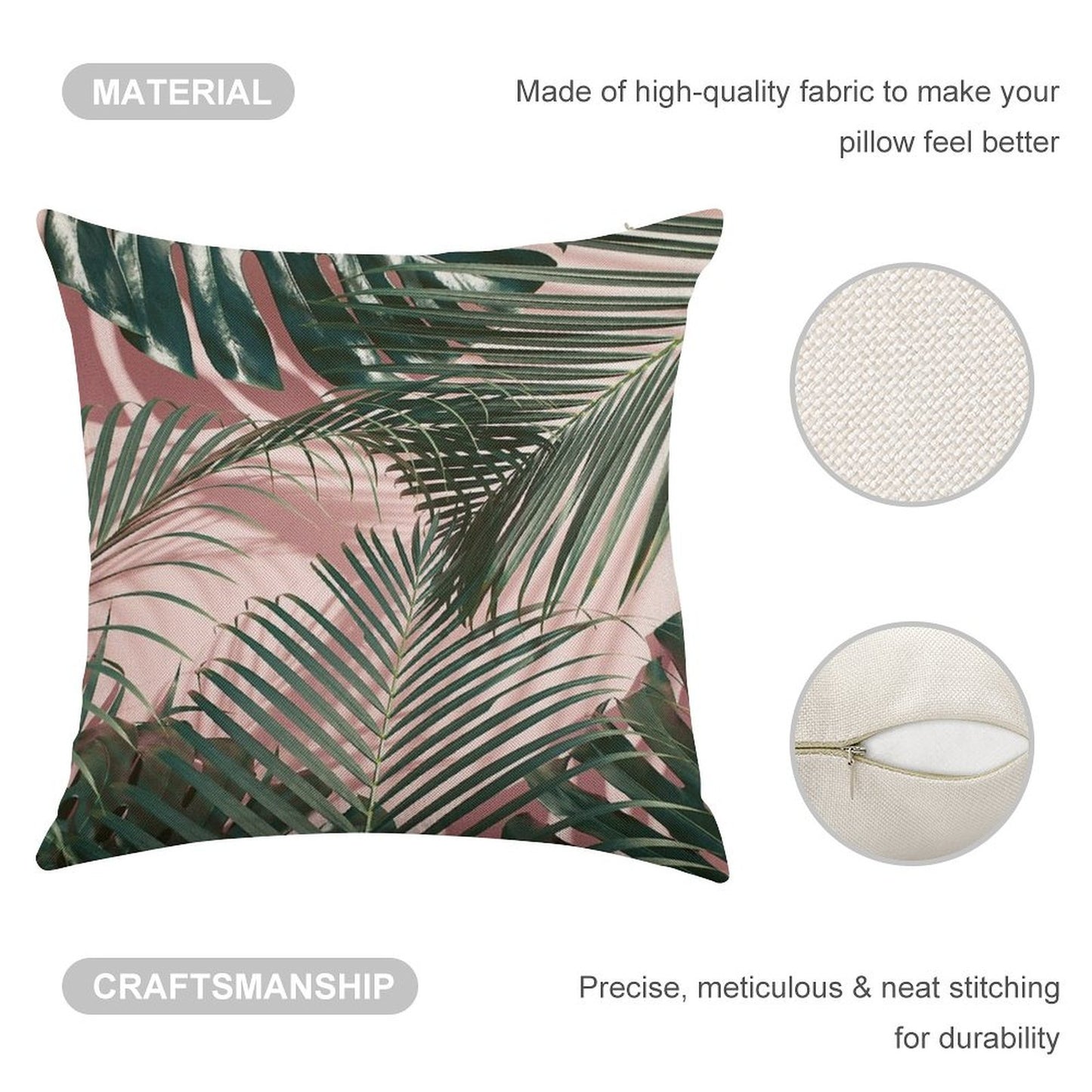 Pink Tropical Leaves Linen Throw Pillow Cover