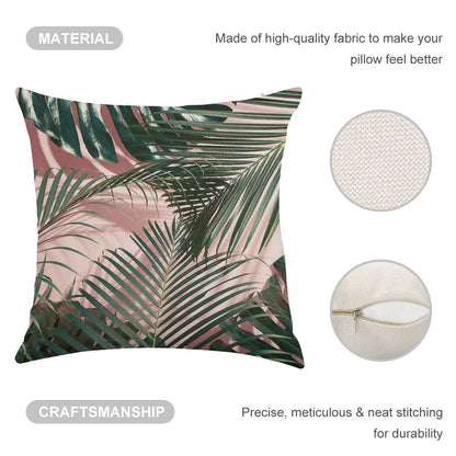 Pink Tropical Leaves Linen Throw Pillow Cover
