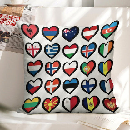 Eurovision Song Contest Flags Hearts ESC EBU Eurofans Linen Throw Pillow Cover