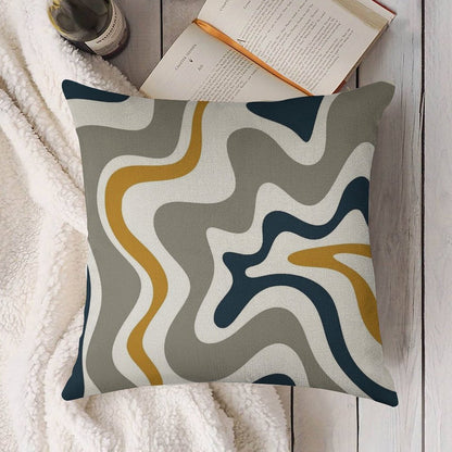 Liquid Swirl Contemporary Abstract in Mustard Yellow, Navy Blue, Grey, And White Linen Throw Pillow Cover