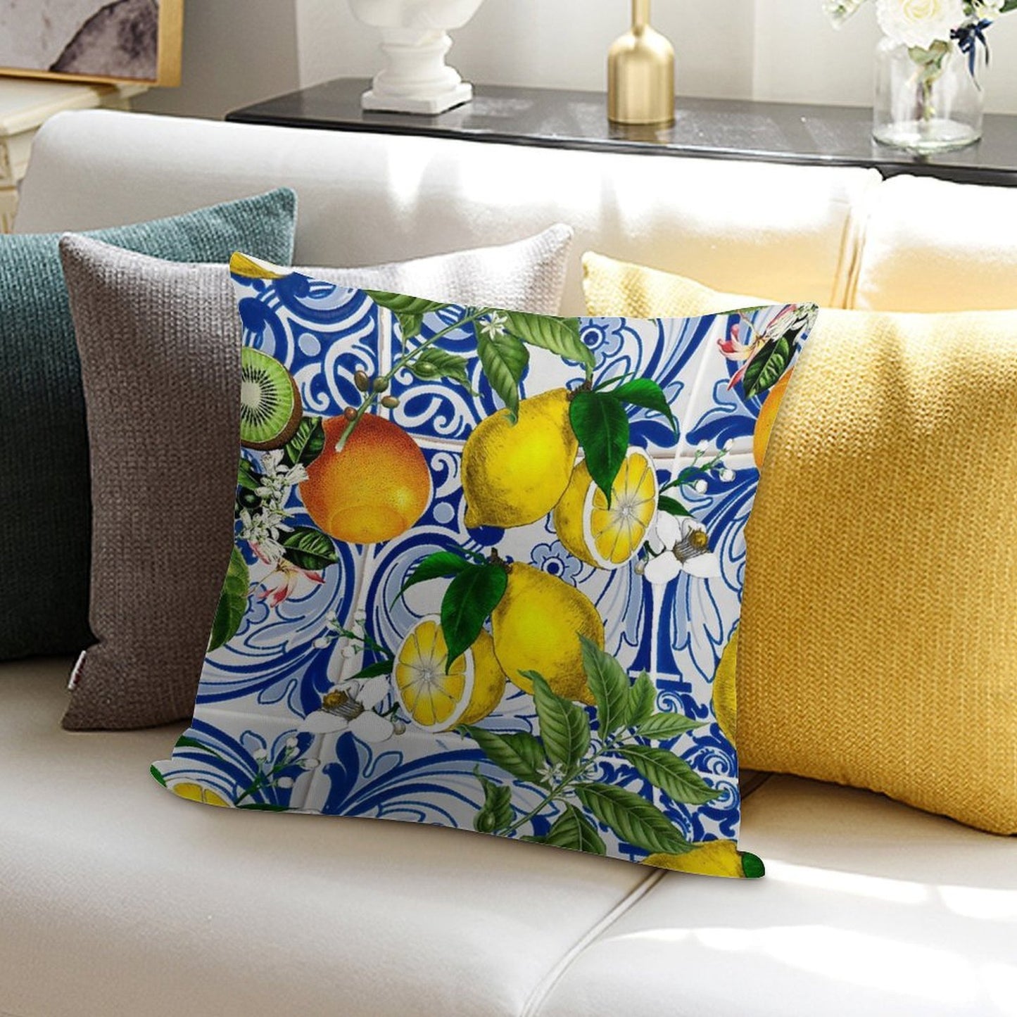 Mediterranean Lemon on Blue Ceramic Tiles Soft Washable Throw Pillow