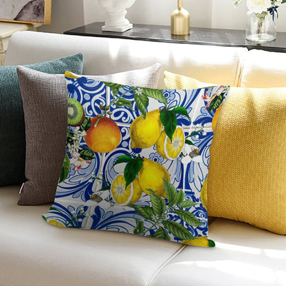 Mediterranean Lemon on Blue Ceramic Tiles Soft Washable Throw Pillow