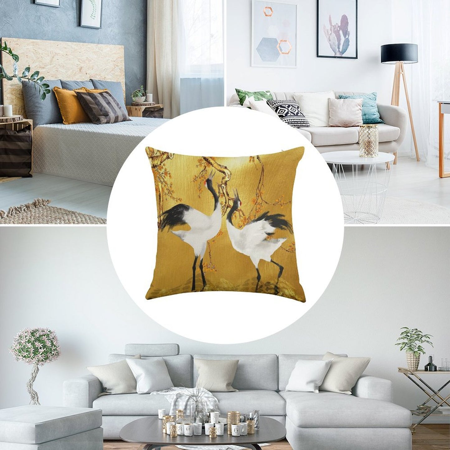 Golden Cranes Japanese Art Linen Throw Pillow Cover