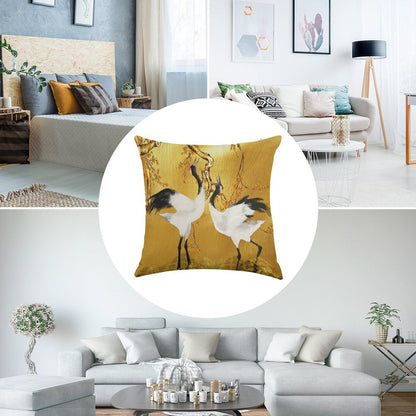 Golden Cranes Japanese Art Linen Throw Pillow Cover