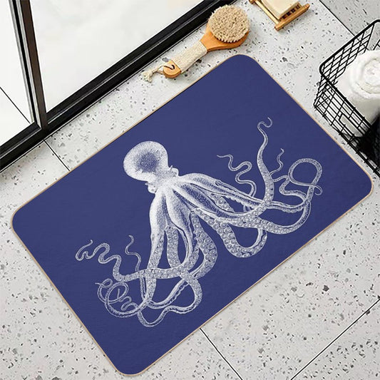Octopus  Vintage Octopus  Tentacles  Sea Creatures  Nautical  Ocean  Sea  Beach  Navy Blue And White Bath Mat