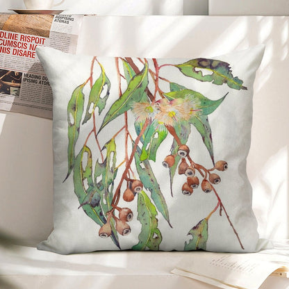 Watercolour Eucalyptus Tree Branch with White Flowers & Gumnuts. Linen Throw Pillow Cover