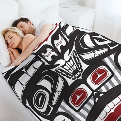 Thunderbird Bear Orca Totem Pole, Coastal Salish Haida Pacific North West Formline Design Native American Throw Blanket