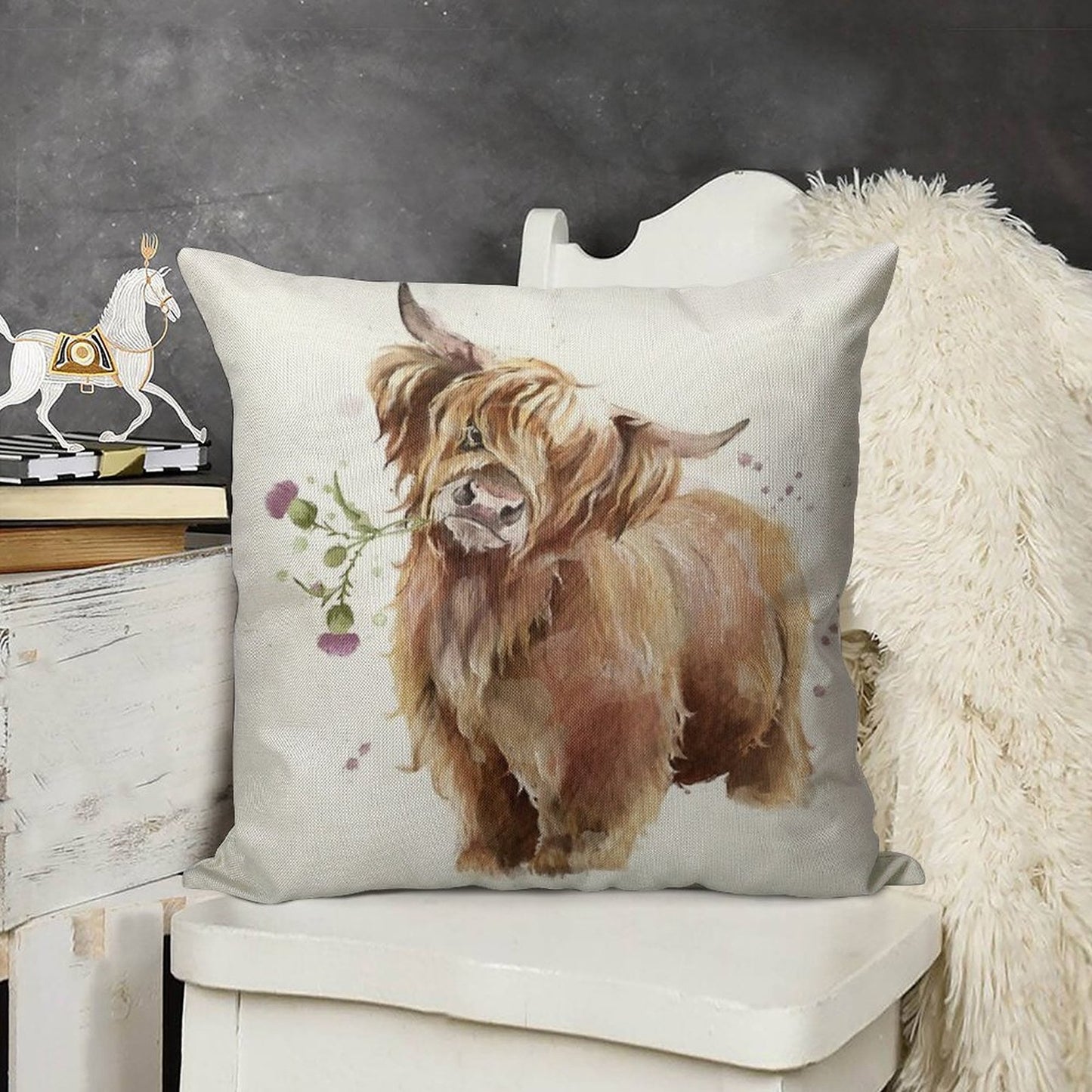 Highland Cow Linen Throw Pillow Cover