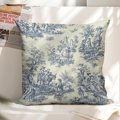 Powder Blue French Toile Picnic Designs Linen Throw Pillow Cover