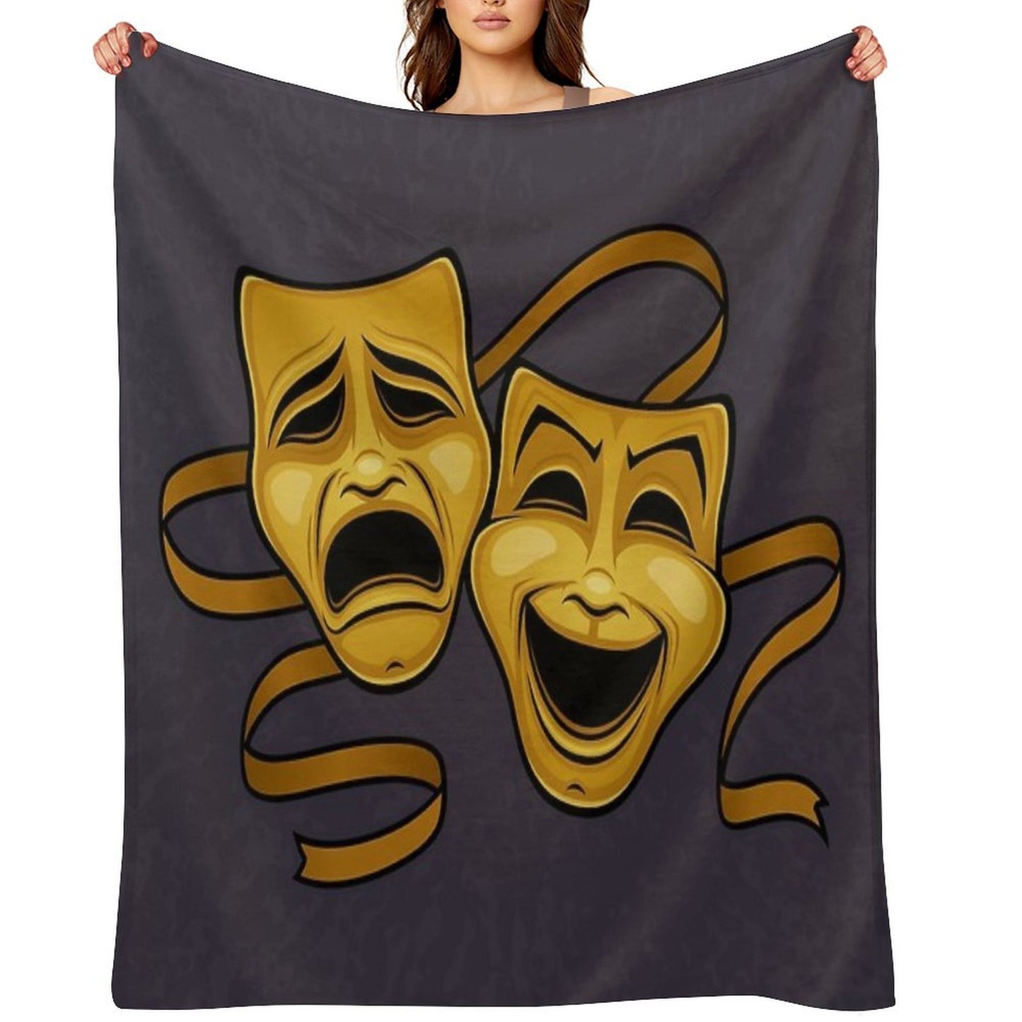 Gold Comedy And Tragedy Theater Masks Throw Blanket