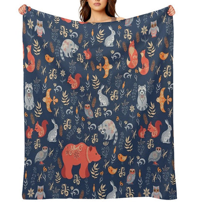 Fairy-tale Forest. Fox, Bear, Raccoon, Owls, Rabbits, Flowers And Herbs on A Blue Background. Throw Blanket