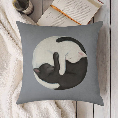 Yin Yang Balancing Cats Linen Throw Pillow Cover