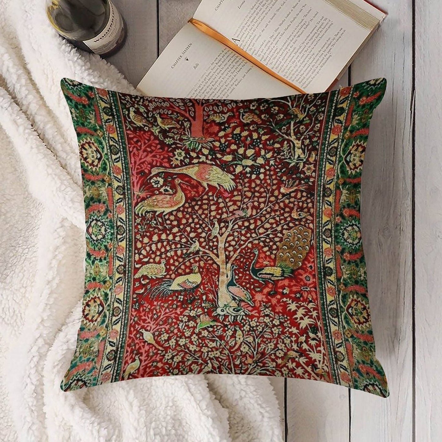 Antique Persian Rug Bird Tree Flowers Ca. 1600 Print Linen Throw Pillow Cover