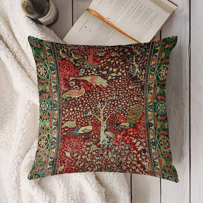 Antique Persian Rug Bird Tree Flowers Ca. 1600 Print Linen Throw Pillow Cover