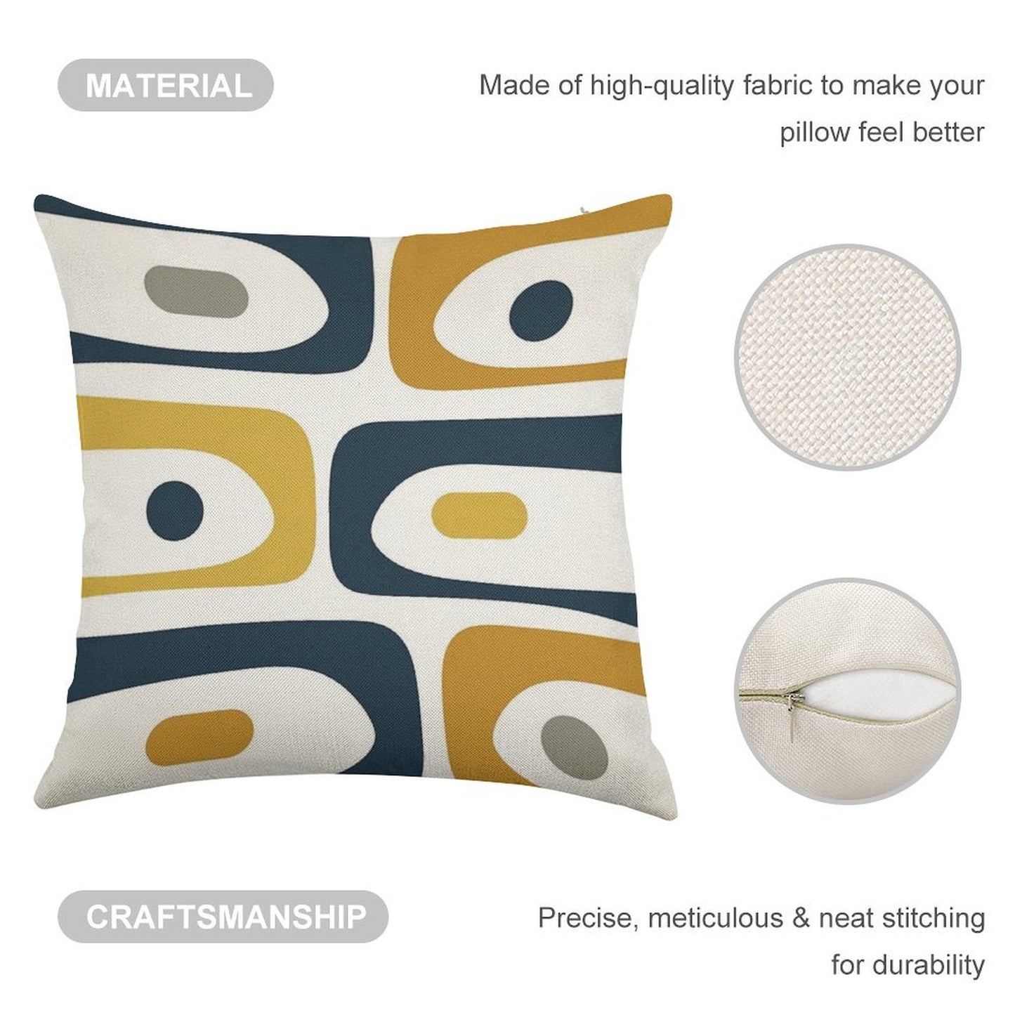 Mid Century Modern Piquet Abstract Minimalist Pattern in Navy Blue, Light And Dark Mustard, Grey, And White Linen Throw Pillow Cover