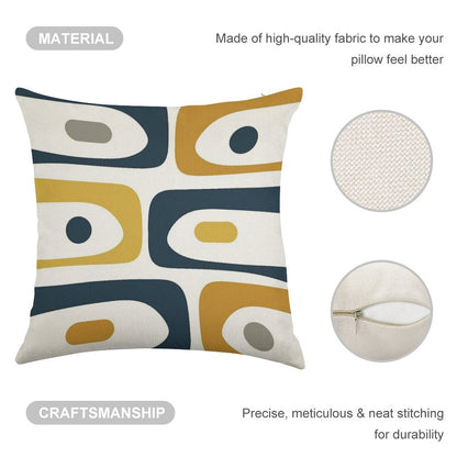Mid Century Modern Piquet Abstract Minimalist Pattern in Navy Blue, Light And Dark Mustard, Grey, And White Linen Throw Pillow Cover