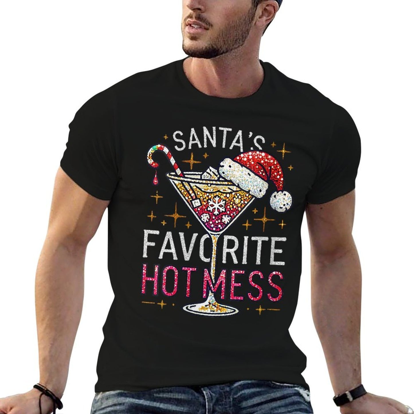 Womens Santas Favorite Hot Mess Christmas Holiday Martini Drink Comfortable T-Shirt