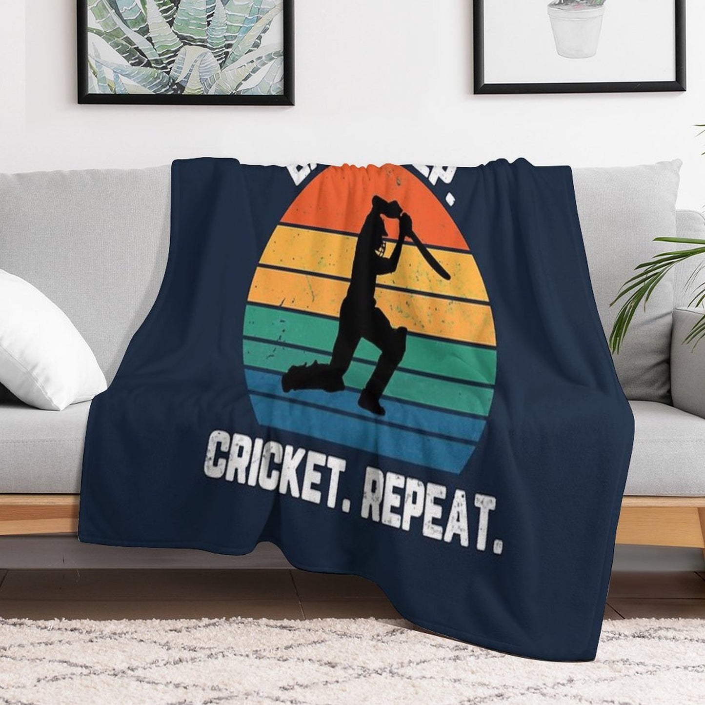 Eat Sleep Cricket Repeat Sunset White Text Throw Blanket
