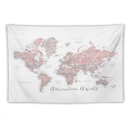 World Map Adventure Awaits in Dusty Pink And Grey Tapestry