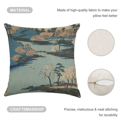 Vintage 1800's Japanese River Landscape Art Linen Throw Pillow Cover