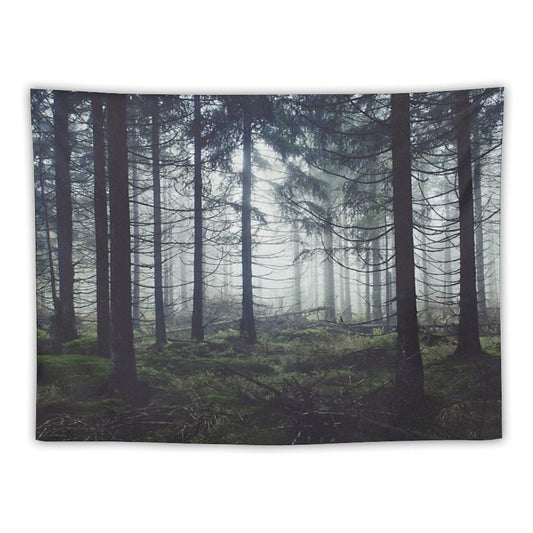 Through The Trees  Nightwalker In Ghostwood Romantasy Foggy Misty Fairytale Forest Covered In Magic Fog Tapestry