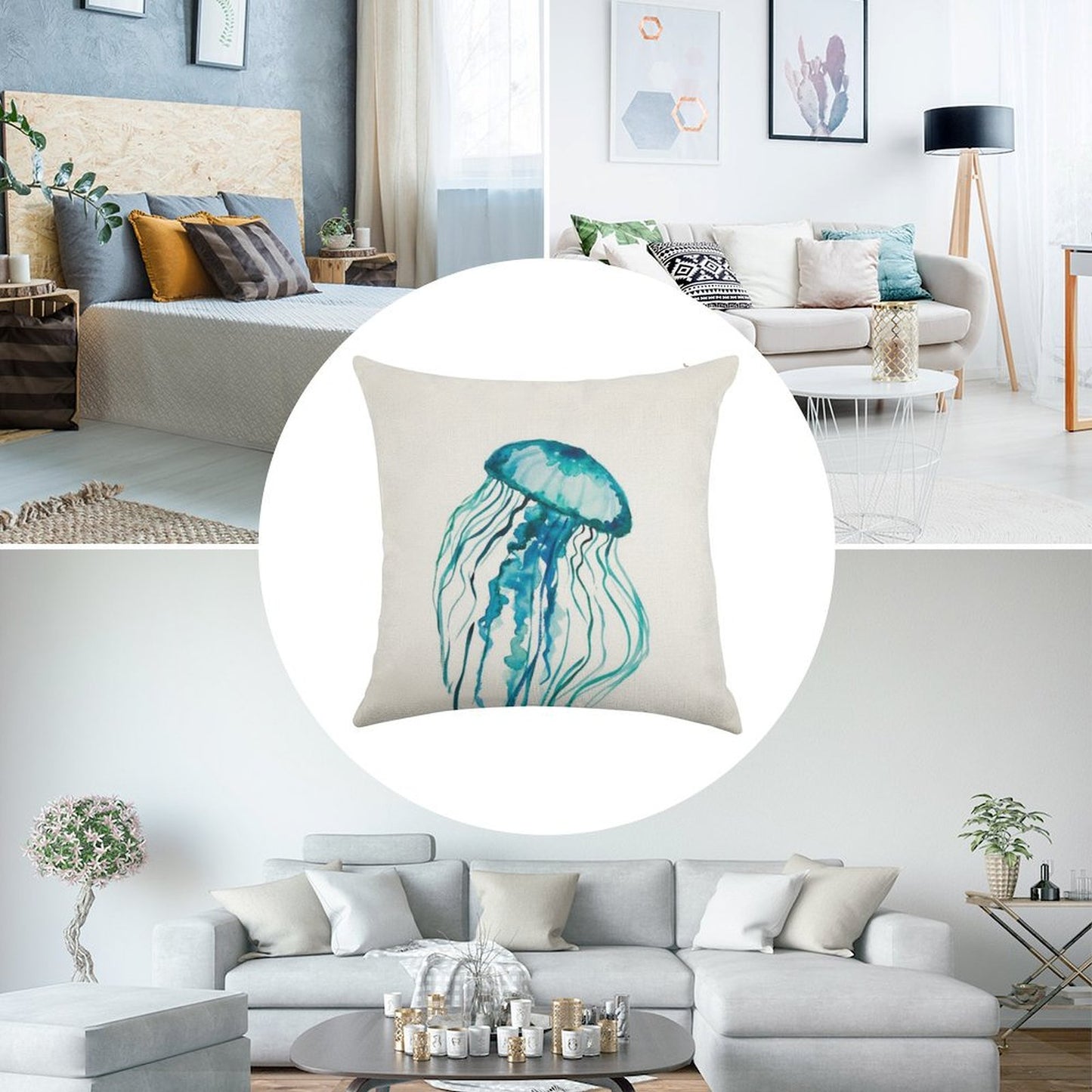 Watercolor Jellyfish Linen Throw Pillow Cover