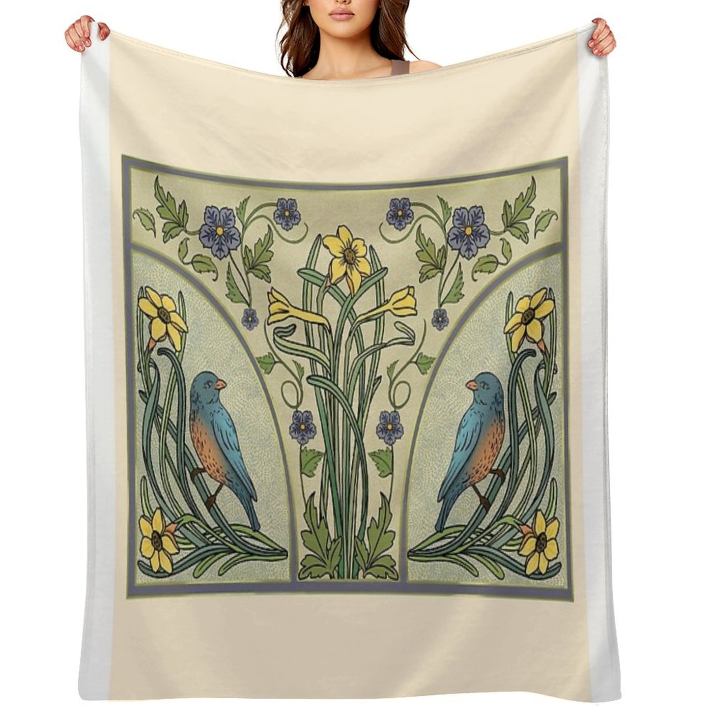 Bluebirds And Spring Blossoms Inspired By Art Nouveau Throw Blanket
