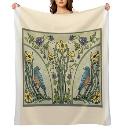Bluebirds And Spring Blossoms Inspired By Art Nouveau Throw Blanket