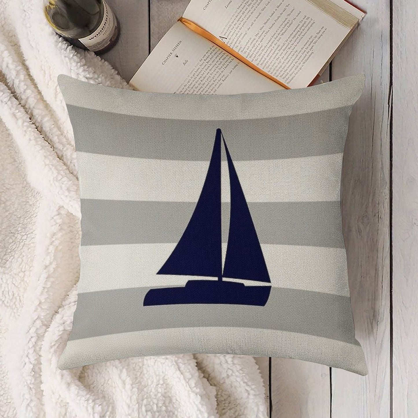 Nautical Navy Blue Sailboat On Silver Gray Stripes Linen Throw Pillow Cover
