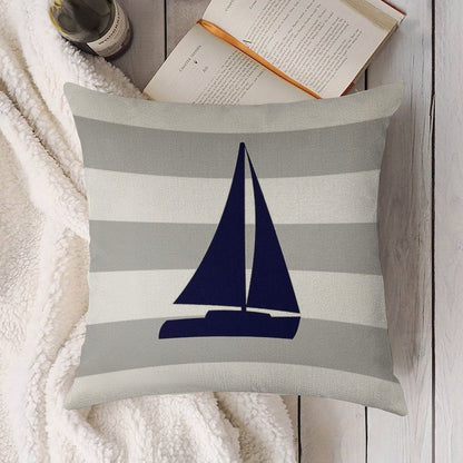 Nautical Navy Blue Sailboat On Silver Gray Stripes Linen Throw Pillow Cover
