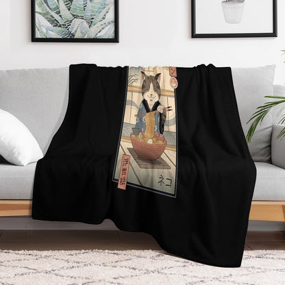 Neko Ramen Ukiyo-e Throw Blanket
