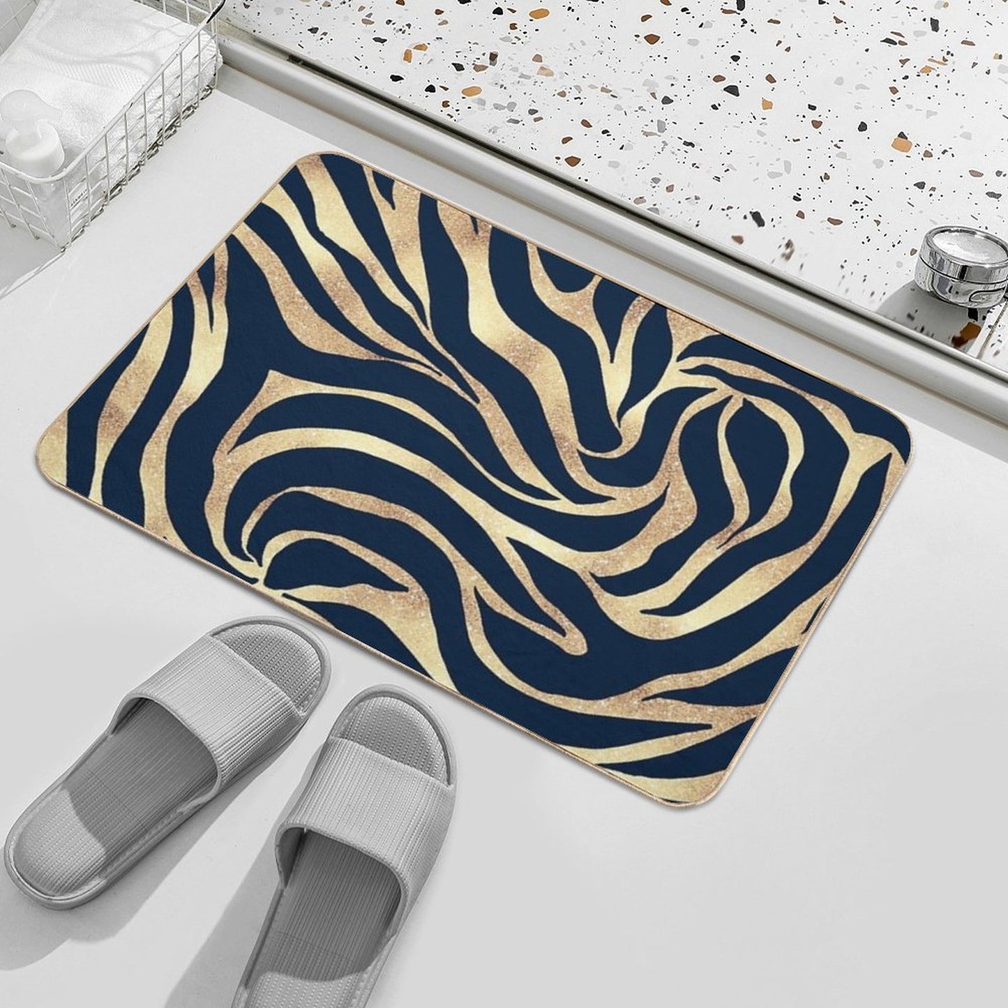 Elegant Navy Blue Gold Zebra Print Bath Mat