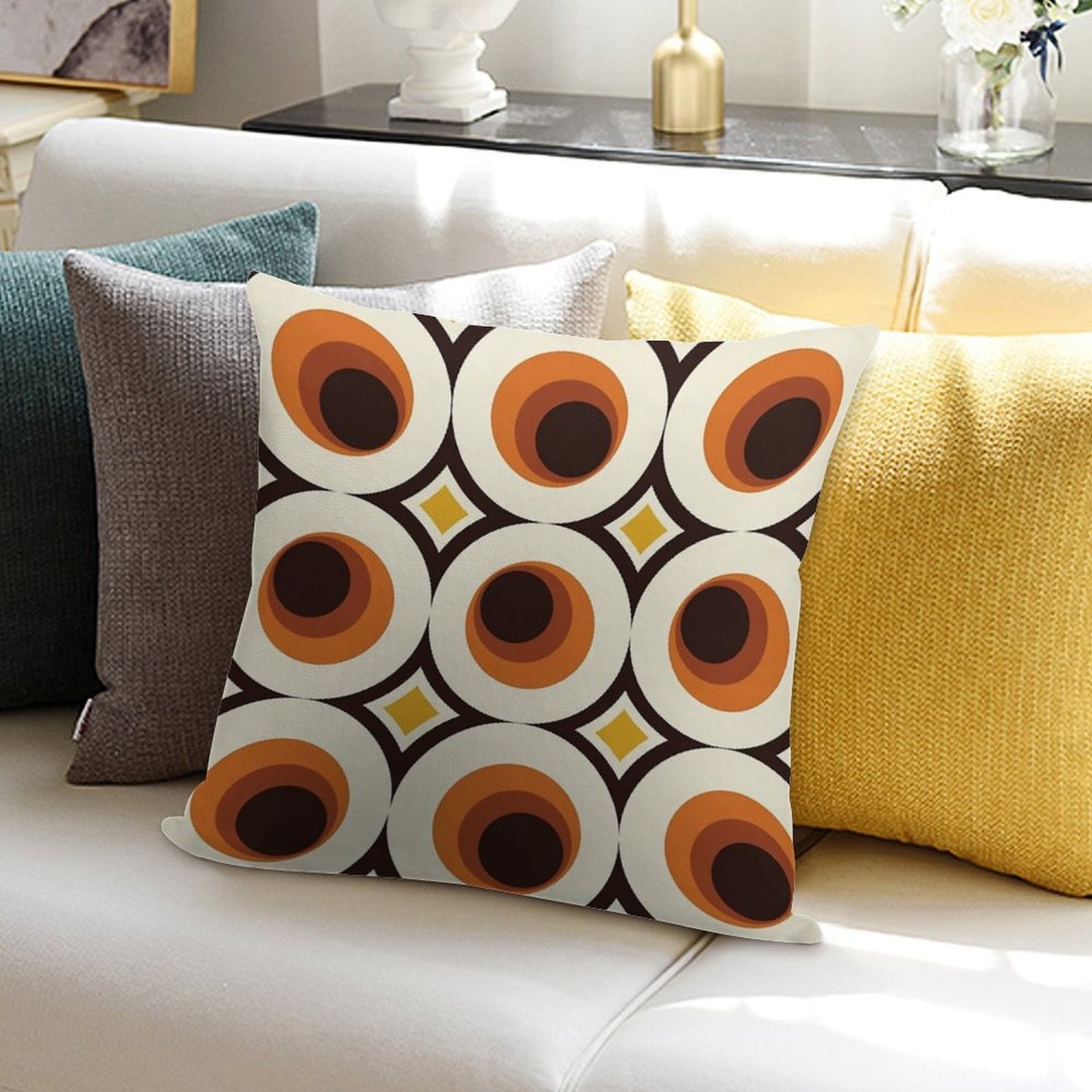 1970s Orange Mid-Century Modern Circle 1 Soft Shrink-Resistant Throw Pillow
