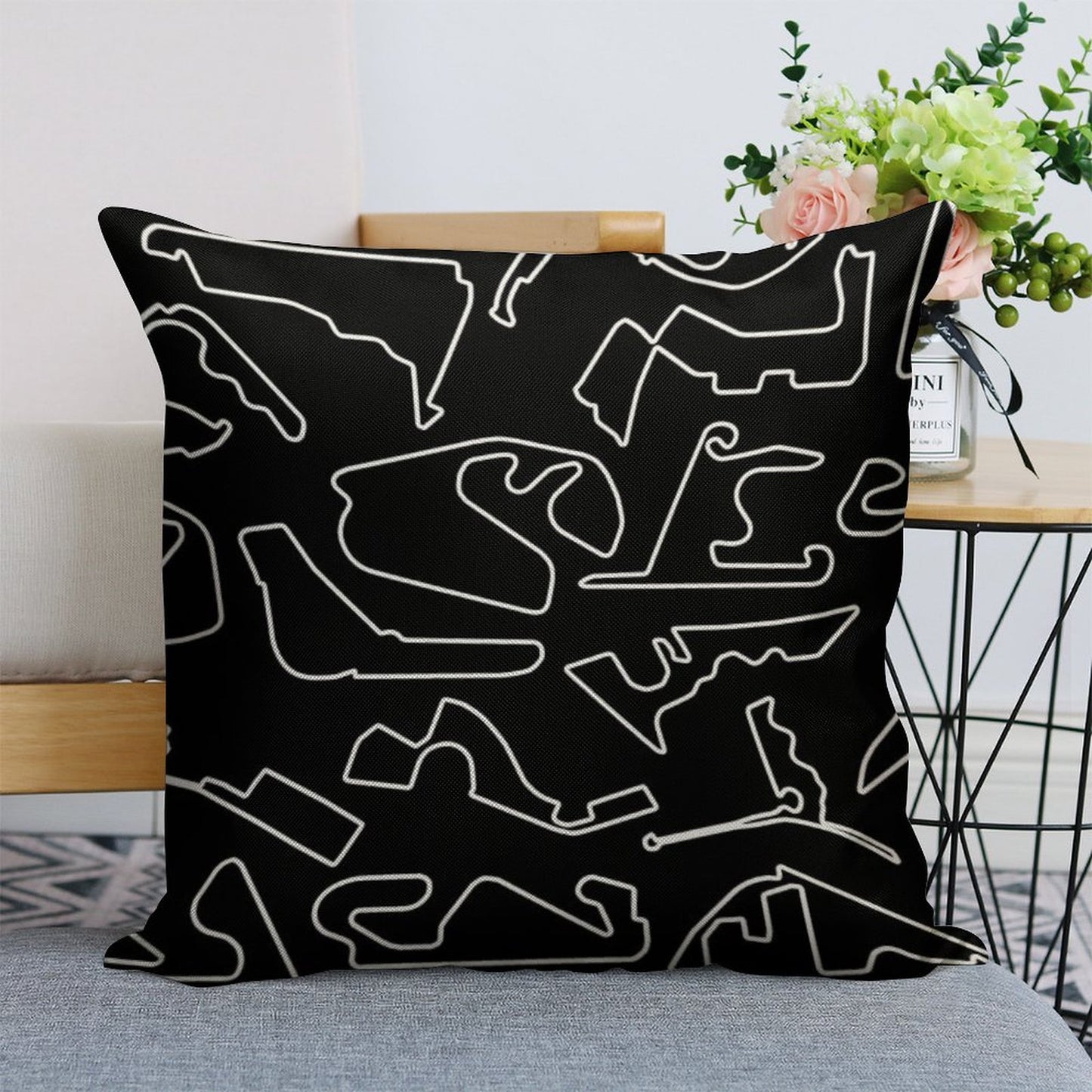 Formula One Circuits Outline - Black Linen Throw Pillow Cover